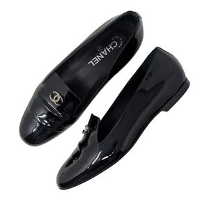 Chanel CC Logo Loafer Smoking Slipper Black Patent Leather Flats 38.5 | 8 | 7.5